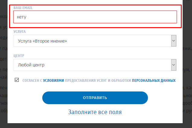 Пример из аудита: сообщение валидации формы в процессе отправки