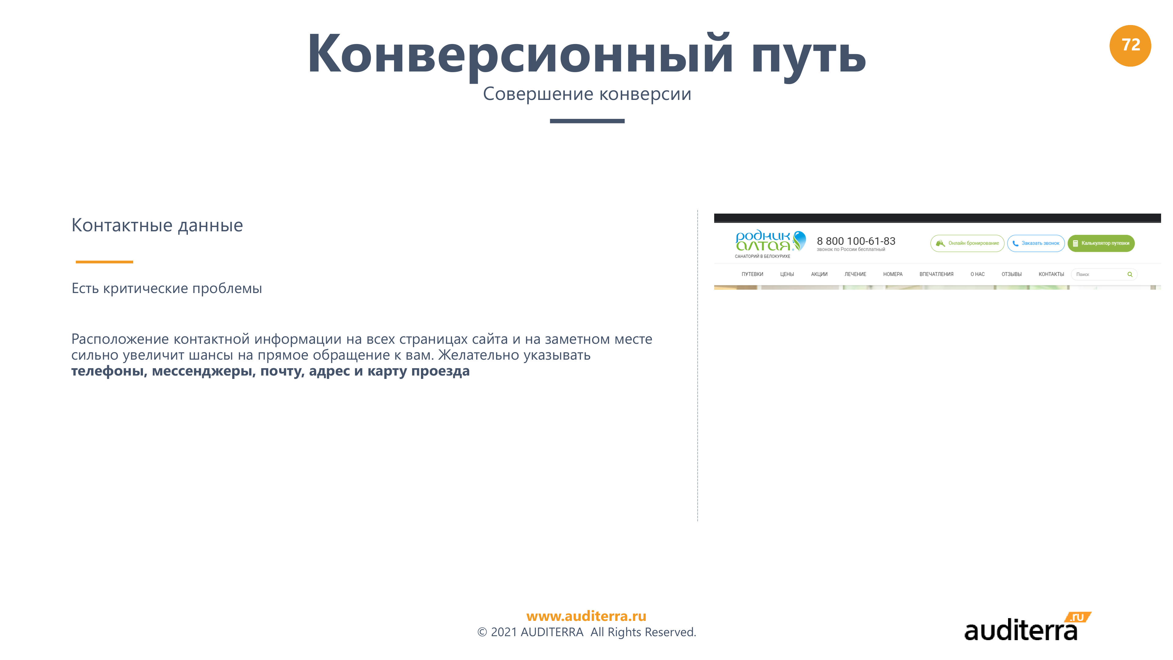 Слайд аудита Родник Алтая: контактные данные в конверсионном пути