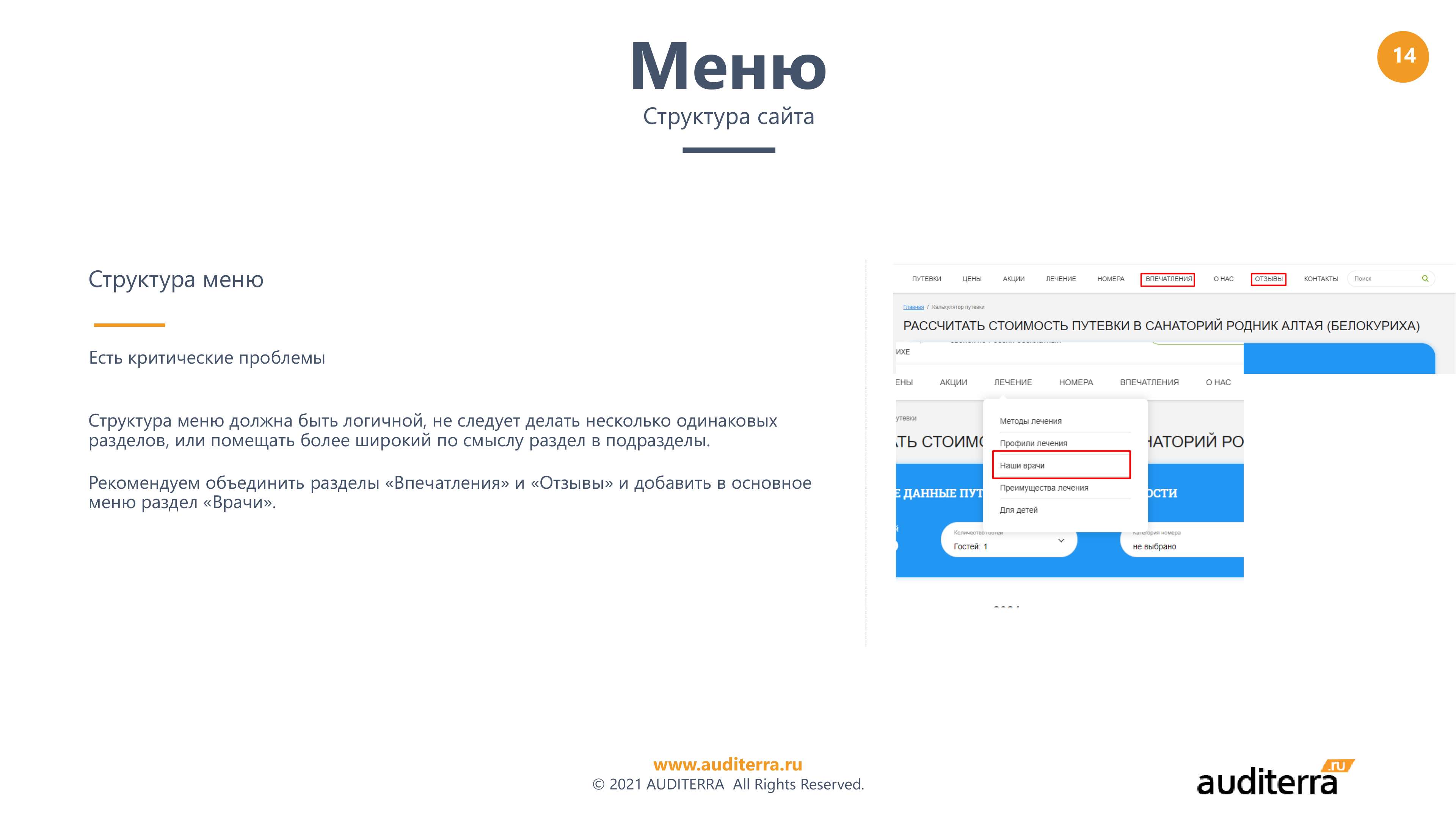 Слайд аудита Родник Алтая: критичные проблемы структуры меню